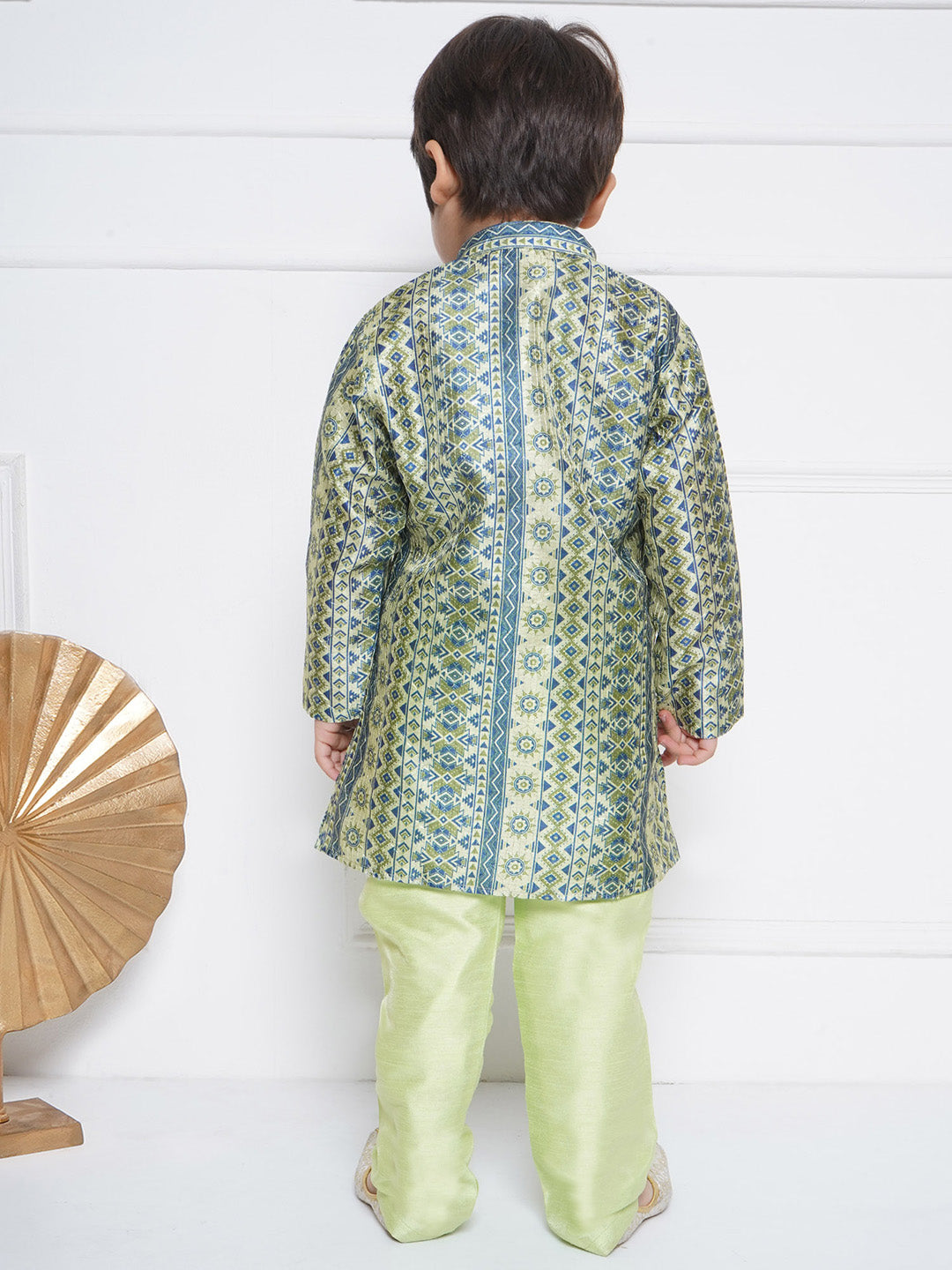 Kids Boys Green Printed Cotton Kurta Pyjama Set