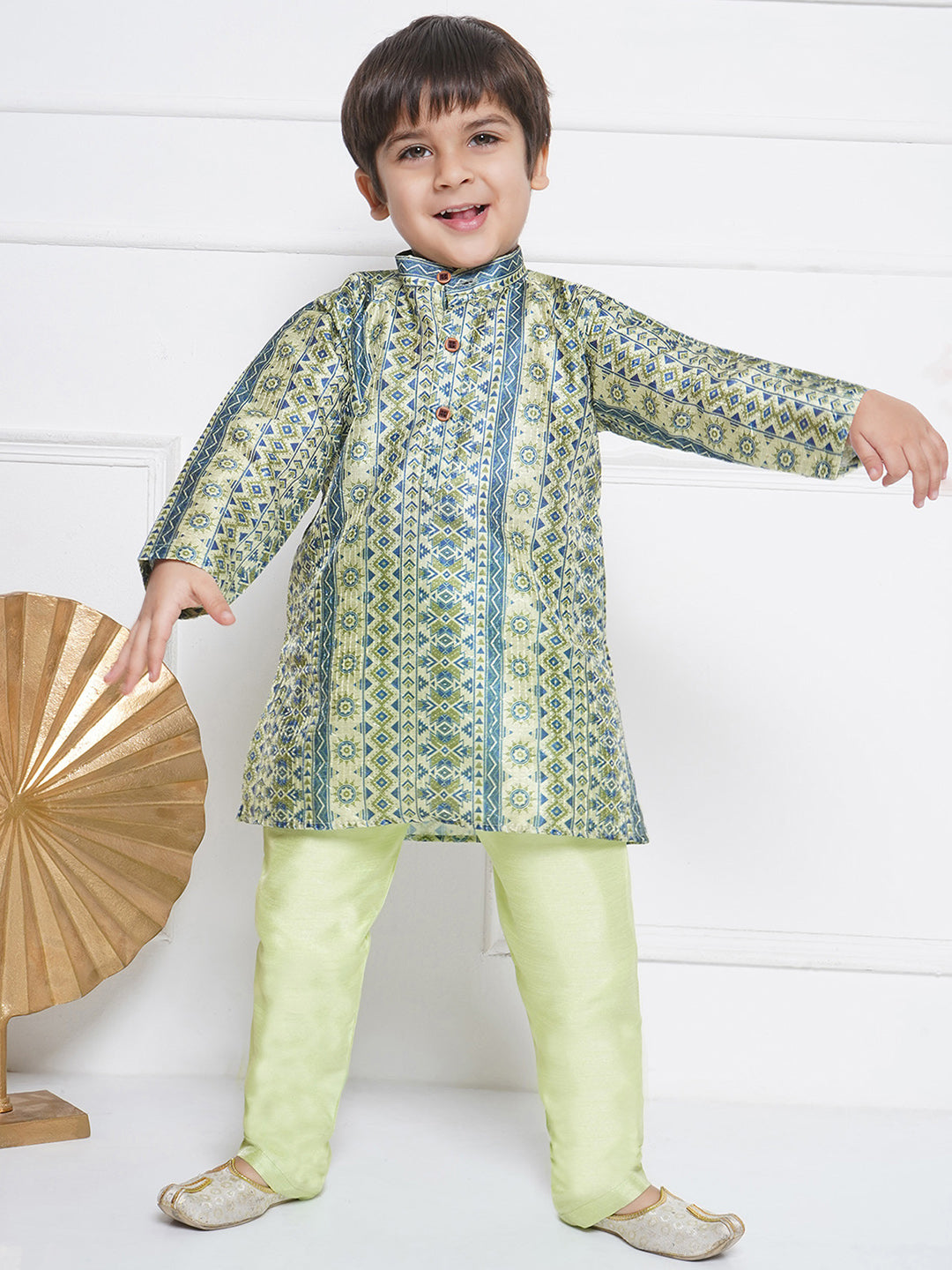 Kids Boys Green Printed Cotton Kurta Pyjama Set