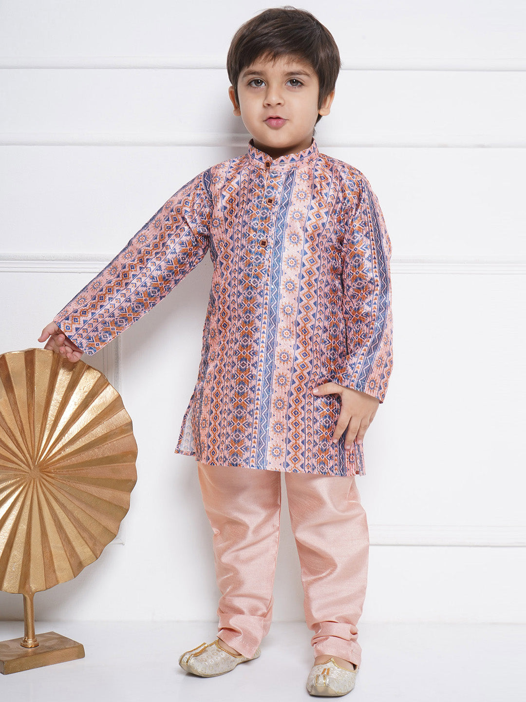 Kids Boys Peach Printed Cotton Kurta Pyjama Set