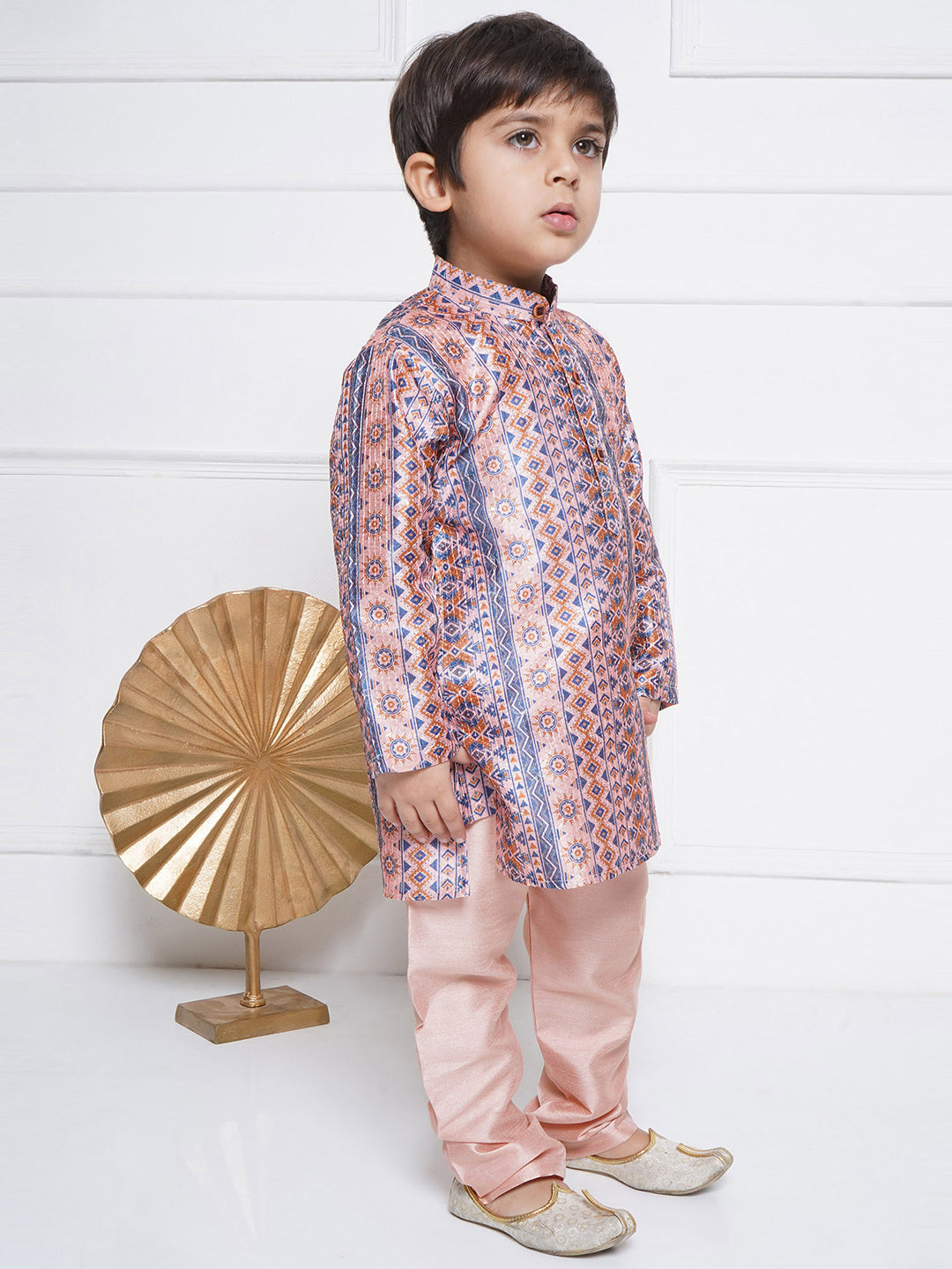 Kids Boys Peach Printed Cotton Kurta Pyjama Set