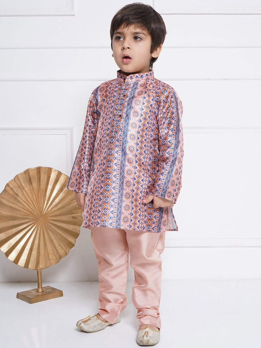 Kids Boys Peach Printed Cotton Kurta Pyjama Set