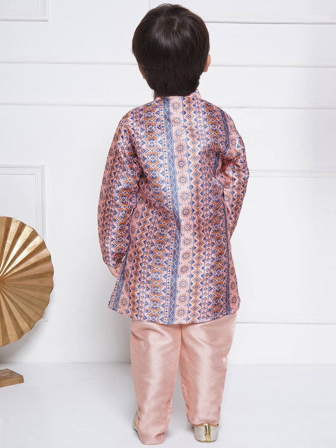 Kids Boys Peach Printed Cotton Kurta Pyjama Set