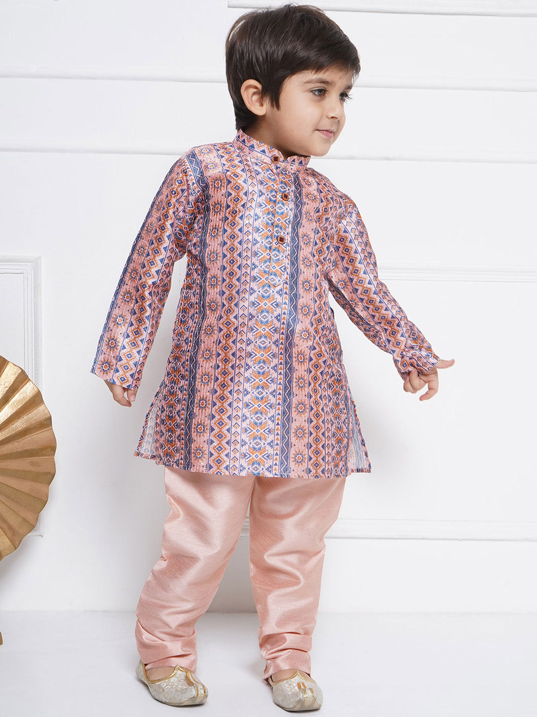 Kids Boys Peach Printed Cotton Kurta Pyjama Set