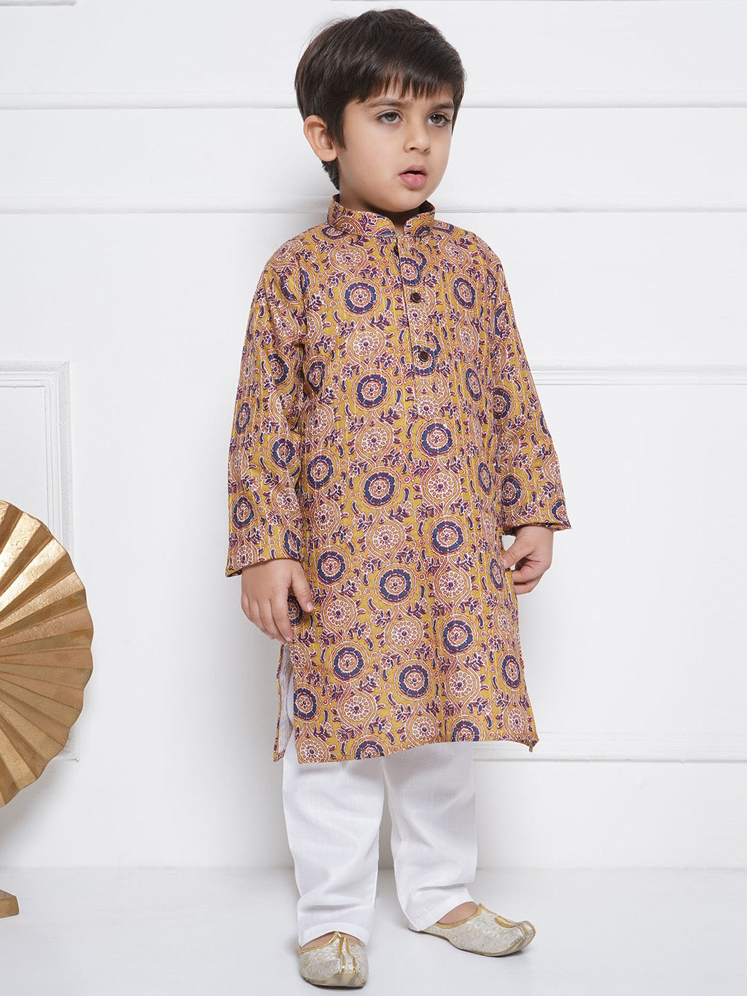 Kids Boys Green Embroidered Cotton Kurta Pyjama Set