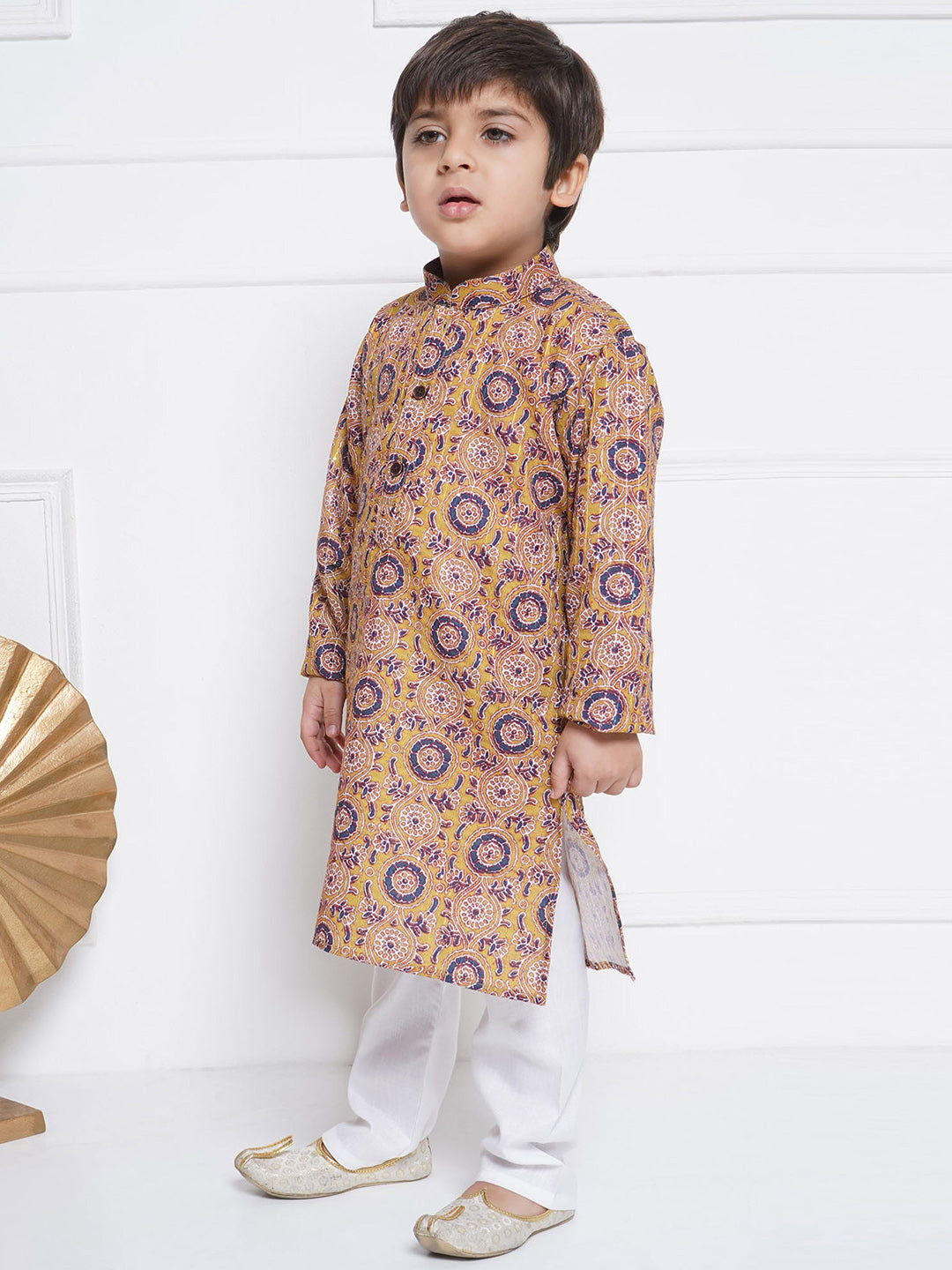 Kids Boys Green Embroidered Cotton Kurta Pyjama Set