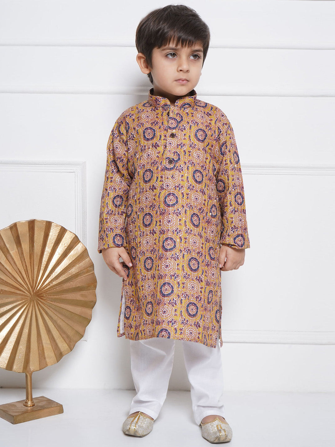 Kids Boys Green Embroidered Cotton Kurta Pyjama Set