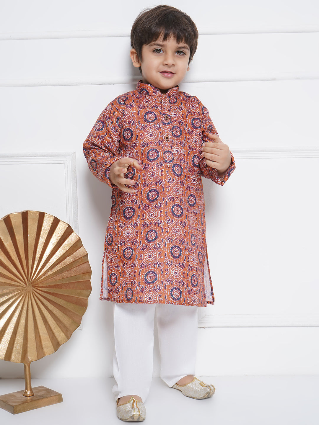 Kids Boys Orange Embroidered Cotton Kurta Pyjama Set