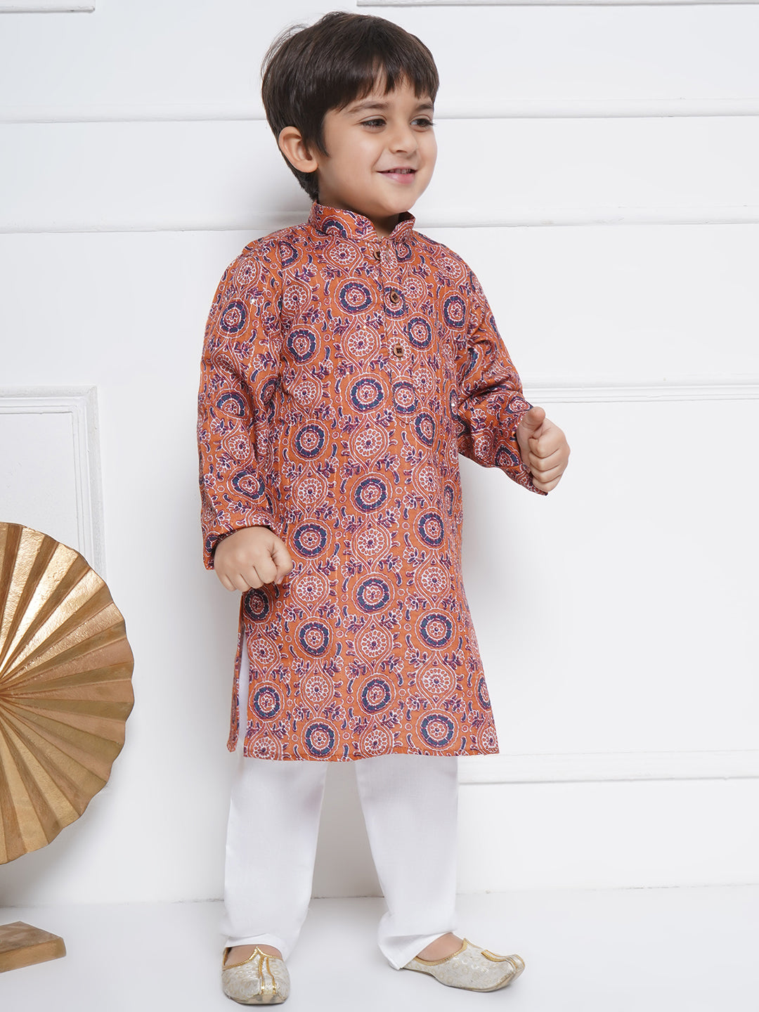 Kids Boys Orange Embroidered Cotton Kurta Pyjama Set