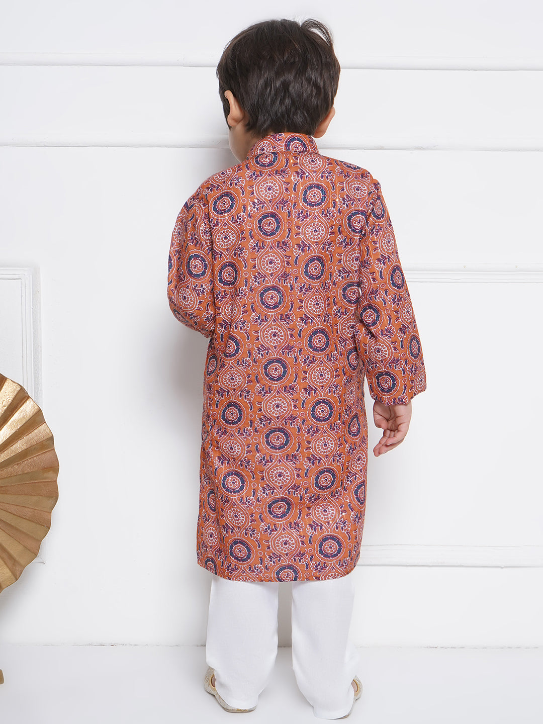 Kids Boys Orange Embroidered Cotton Kurta Pyjama Set