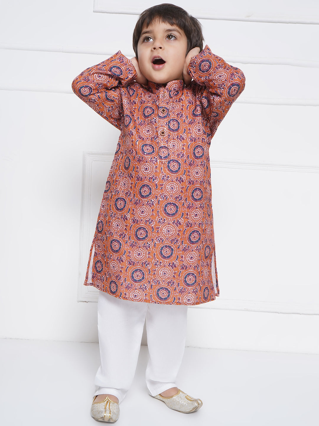 Kids Boys Orange Embroidered Cotton Kurta Pyjama Set