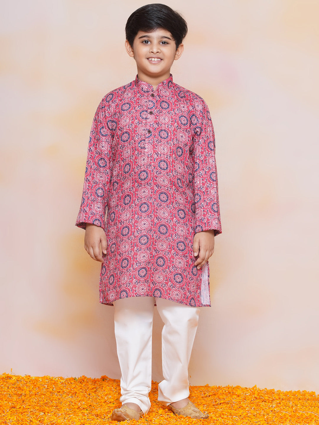 Kids Boys Pink Floral Print Cotton Kurta Pyjama Set