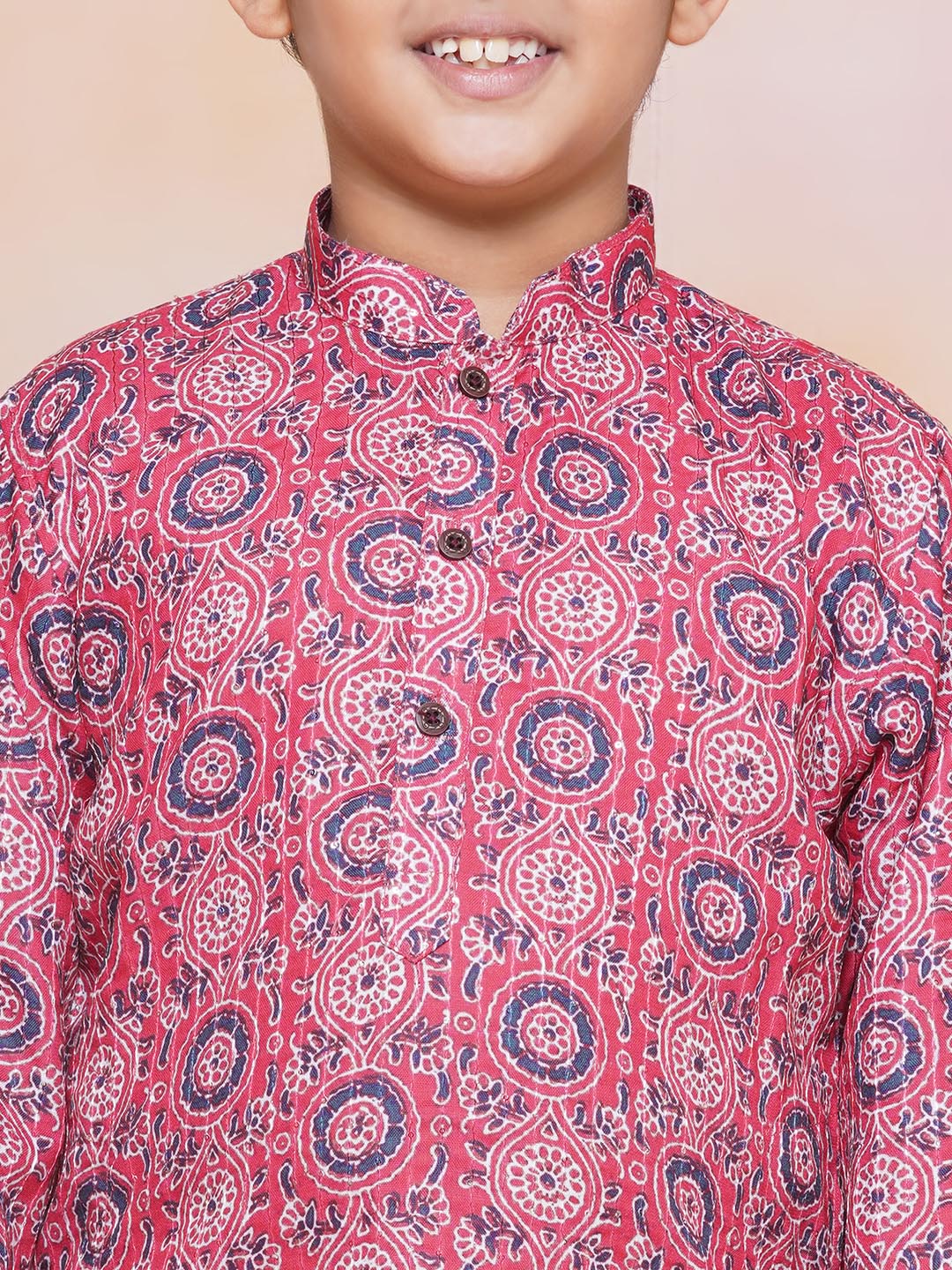 Kids Boys Pink Floral Print Cotton Kurta Pyjama Set