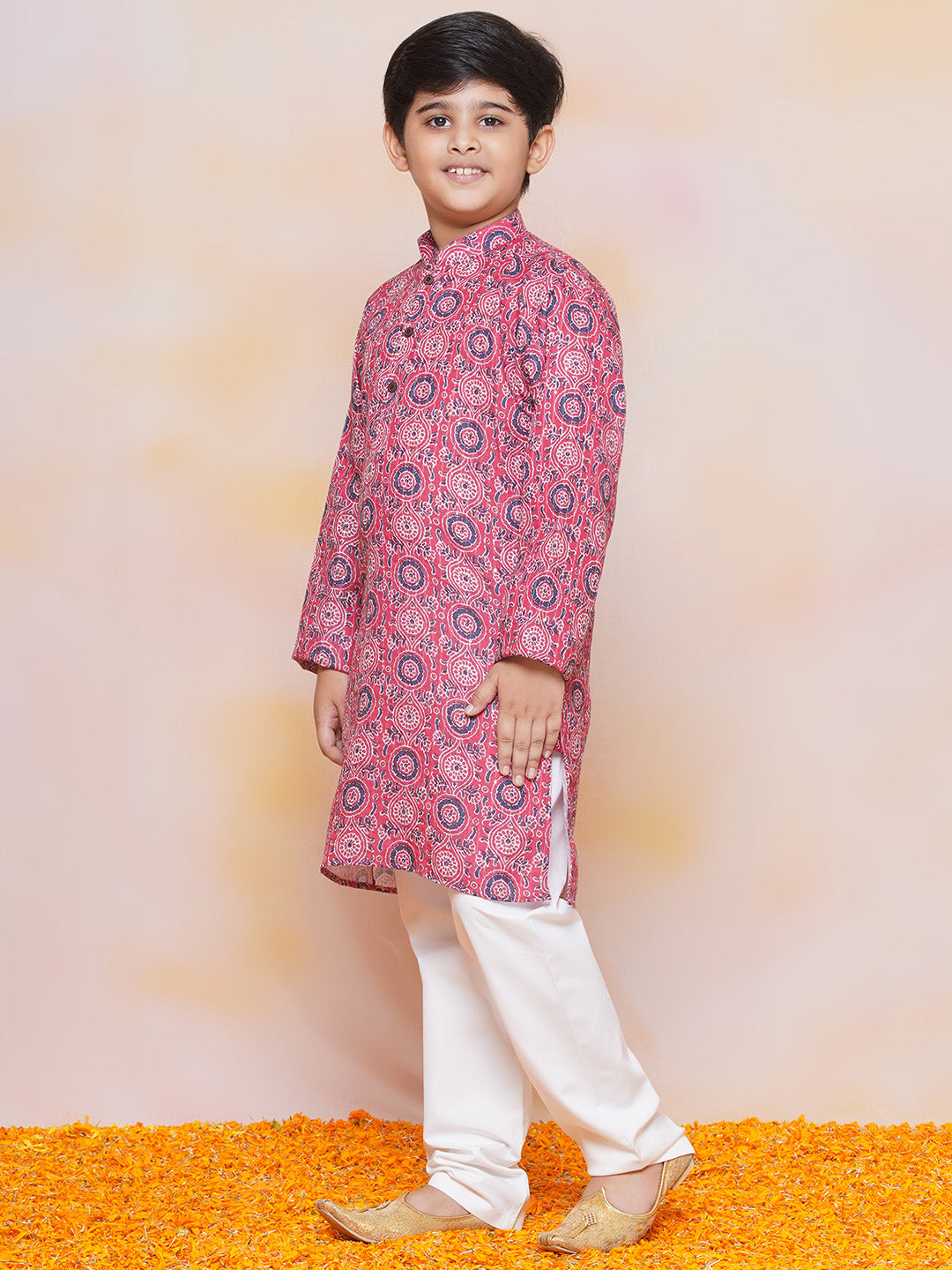 Kids Boys Pink Floral Print Cotton Kurta Pyjama Set - AJ Dezines