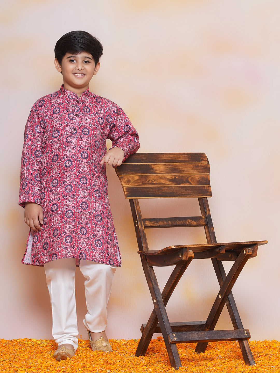 Kids Boys Pink Floral Print Cotton Kurta Pyjama Set