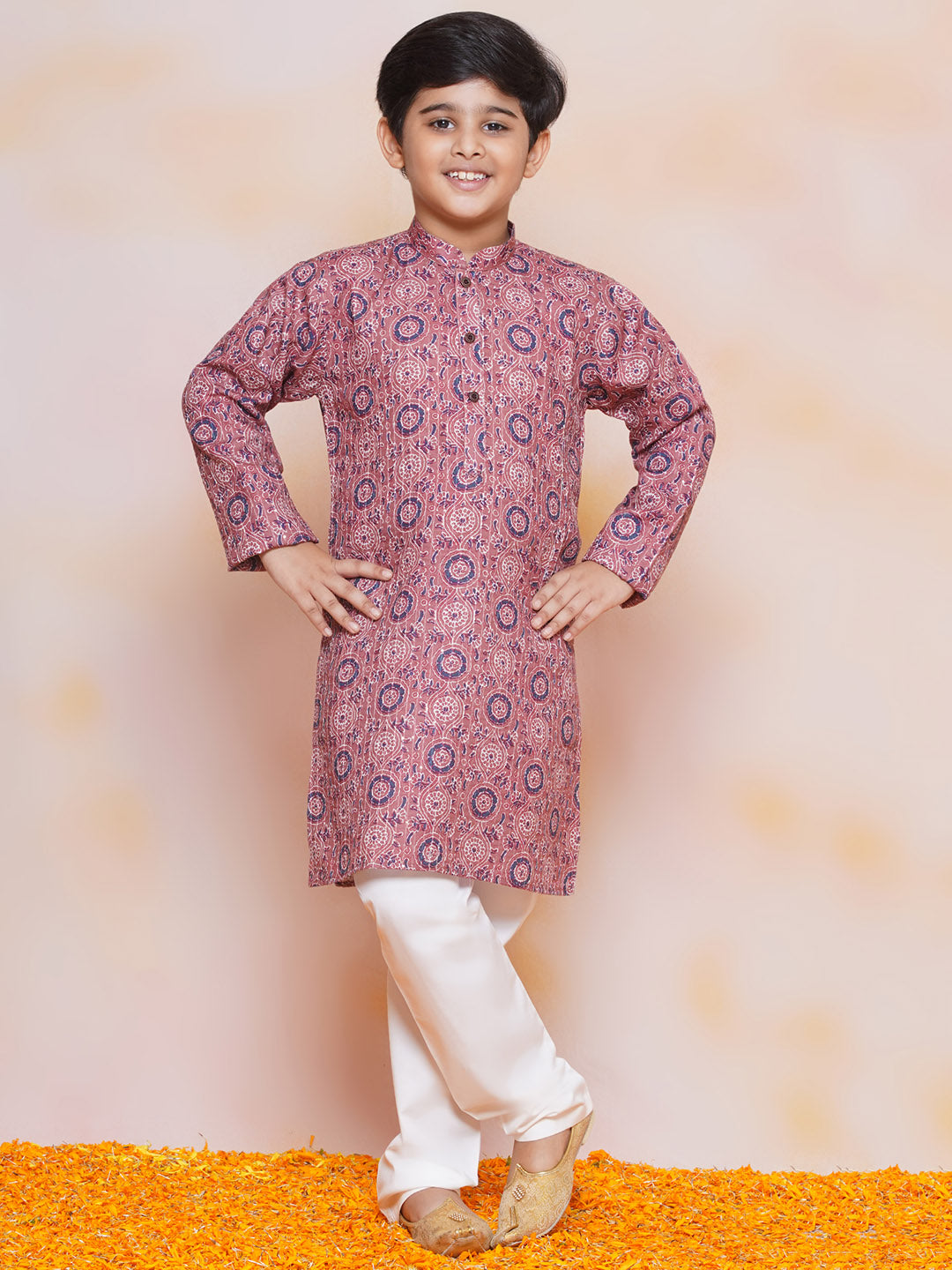 Kids Boys Purple Embroidered Cotton Kurta Pyjama Set