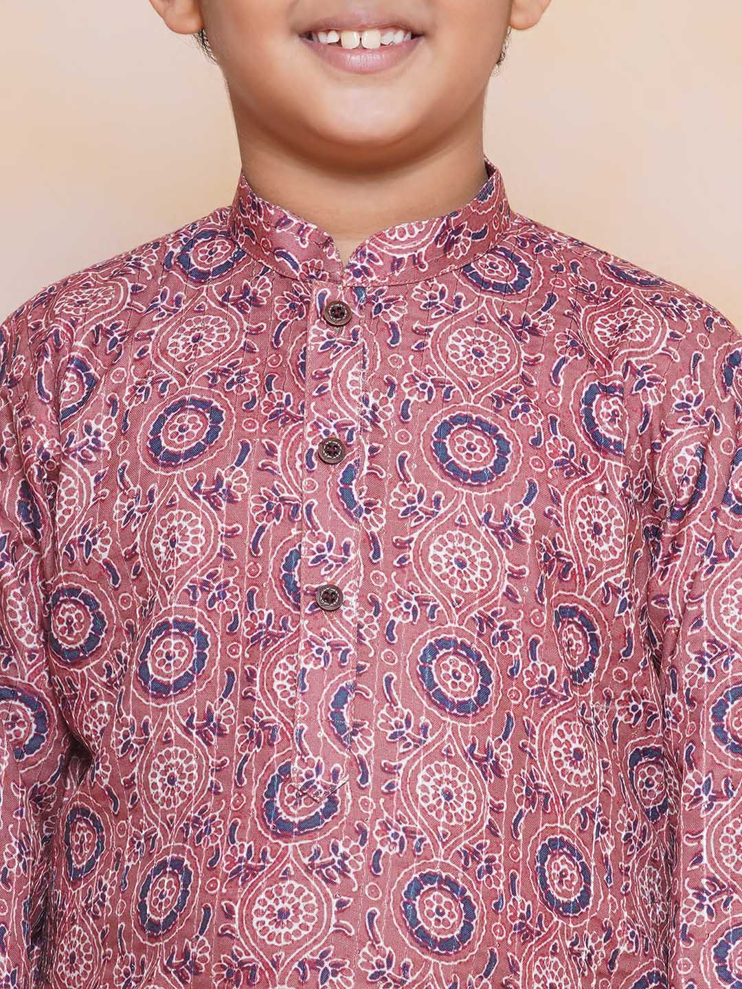 Kids Boys Purple Embroidered Cotton Kurta Pyjama Set