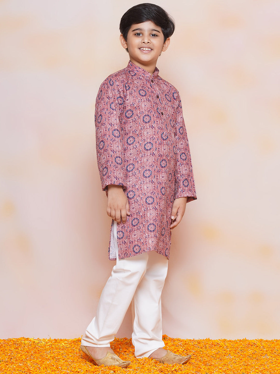 Kids Boys Purple Embroidered Cotton Kurta Pyjama Set