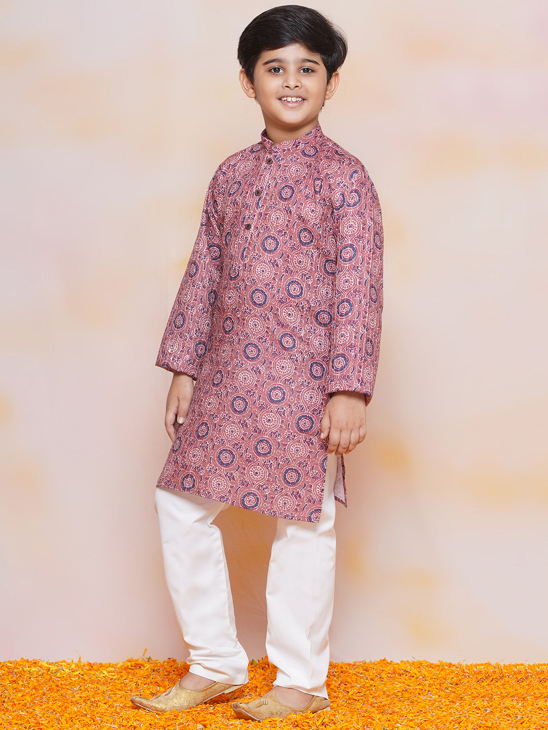 Kids Boys Purple Embroidered Cotton Kurta Pyjama Set