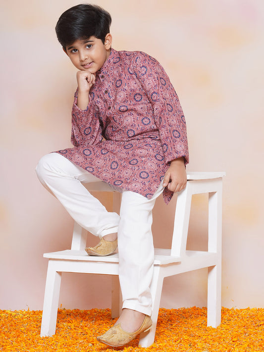 Kids Boys Purple Embroidered Cotton Kurta Pyjama Set