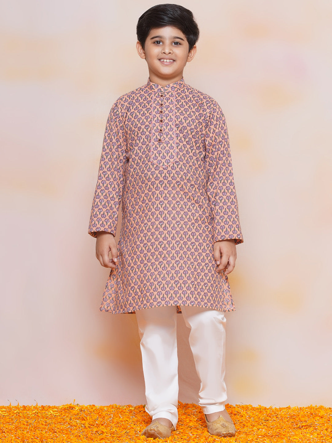 Kids Boys Beige Floral Print Cotton Kurta Pyjama Set