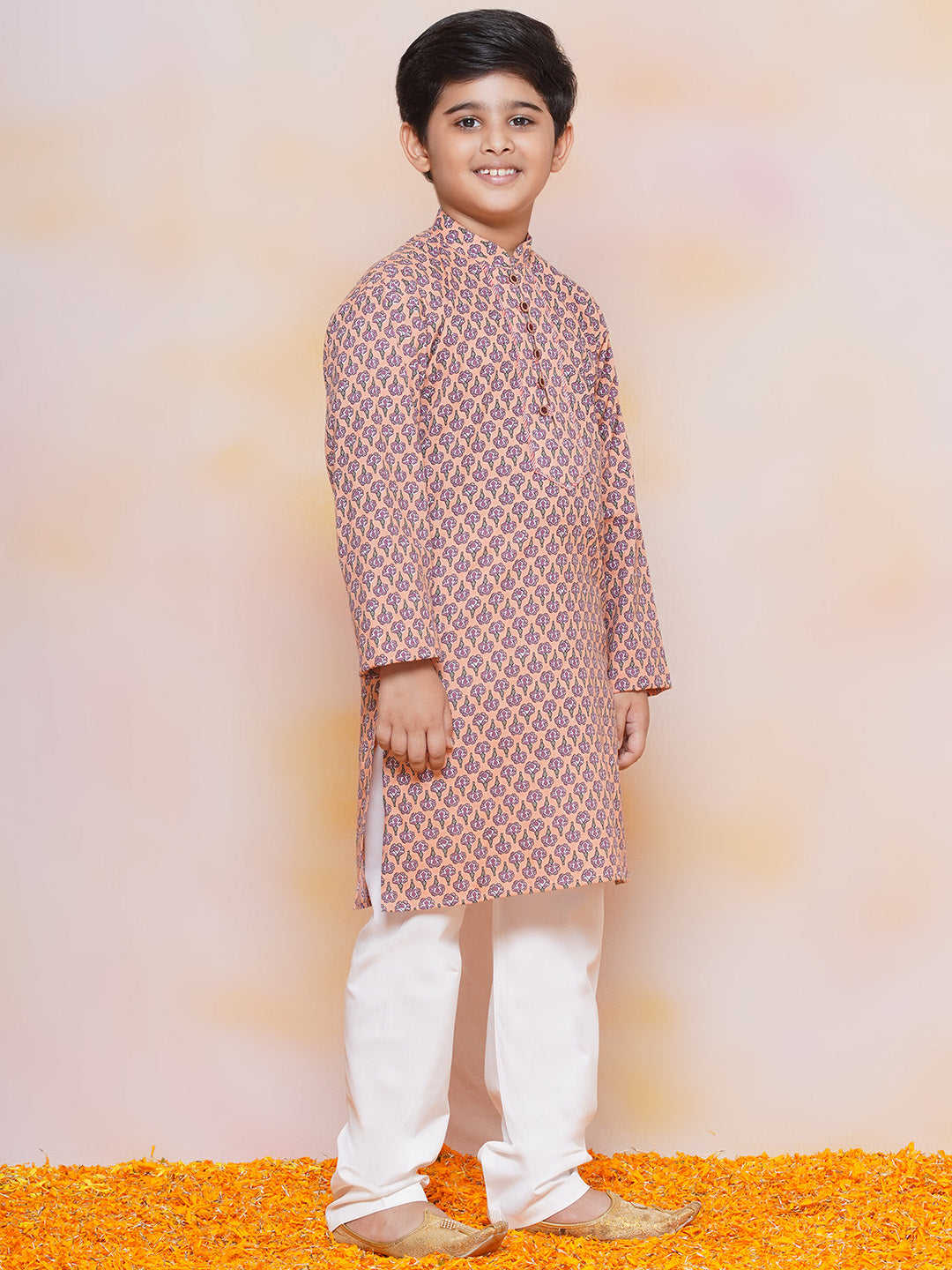 Kids Boys Beige Floral Print Cotton Kurta Pyjama Set