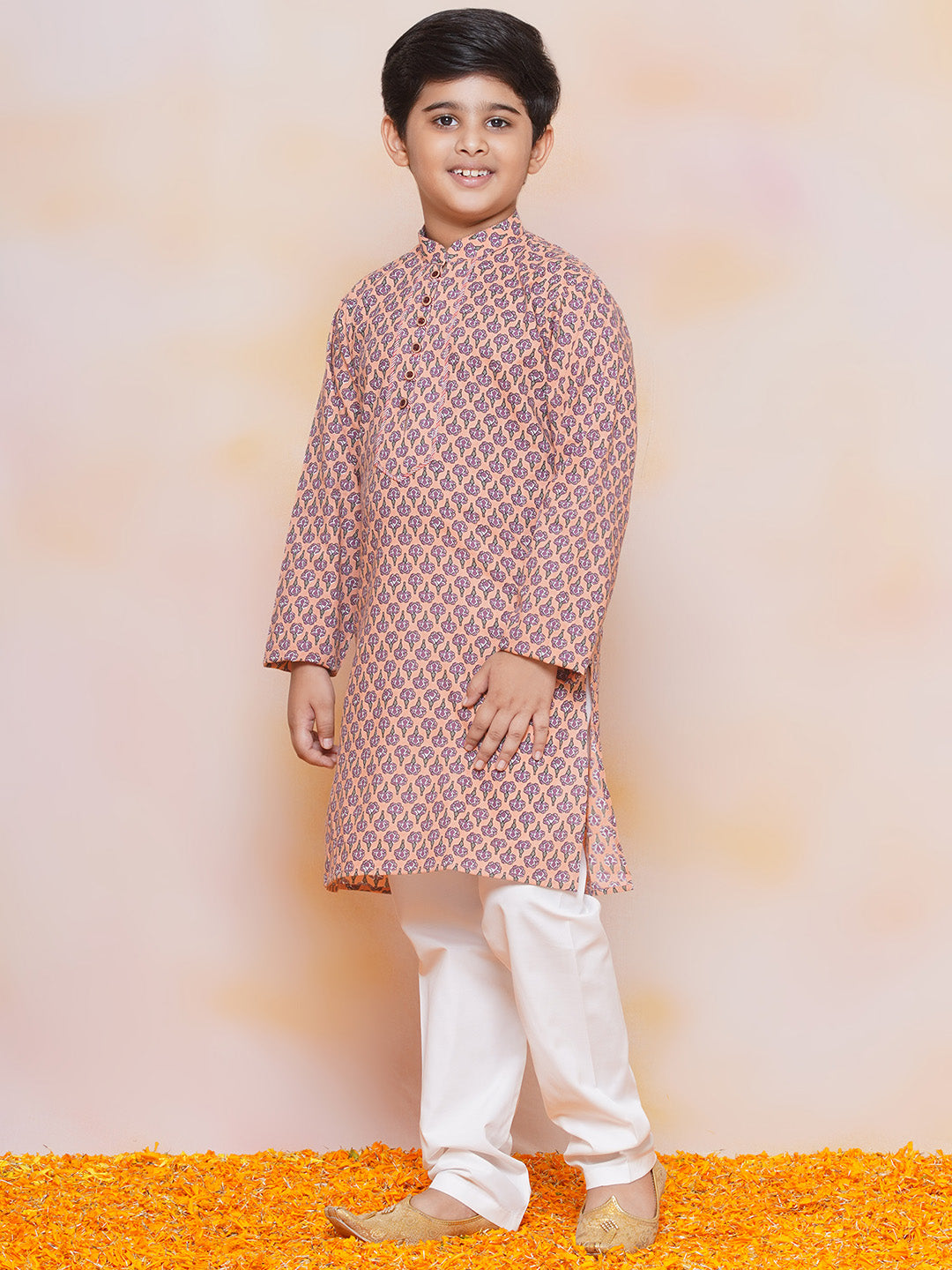 Kids Boys Beige Floral Print Cotton Kurta Pyjama Set