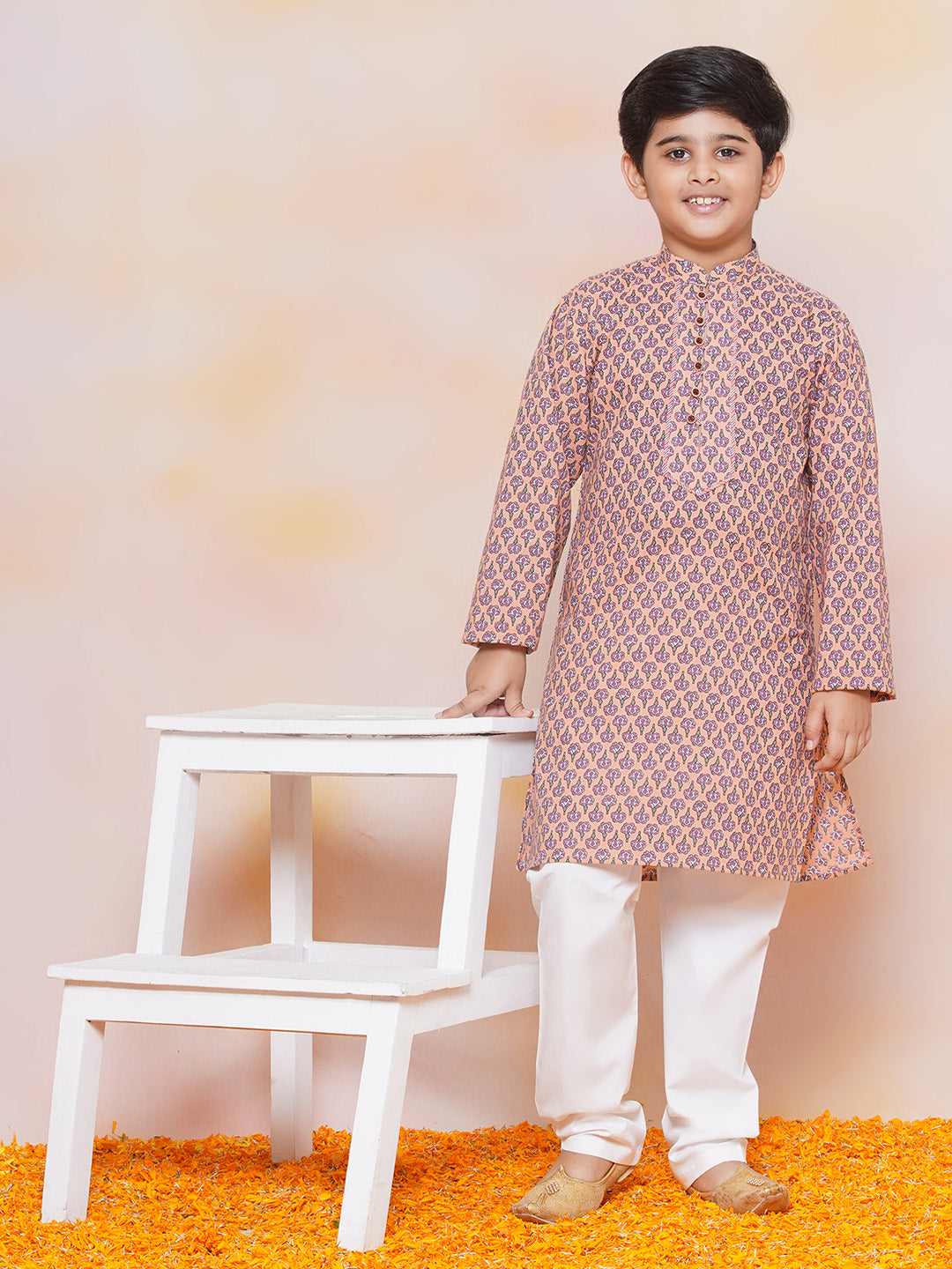 Kids Boys Beige Floral Print Cotton Kurta Pyjama Set