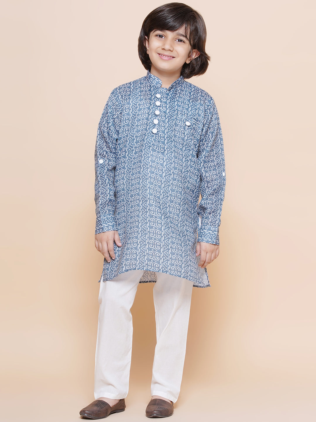 Kids Boys Blue Printed Cotton Kurta Pyjama Set