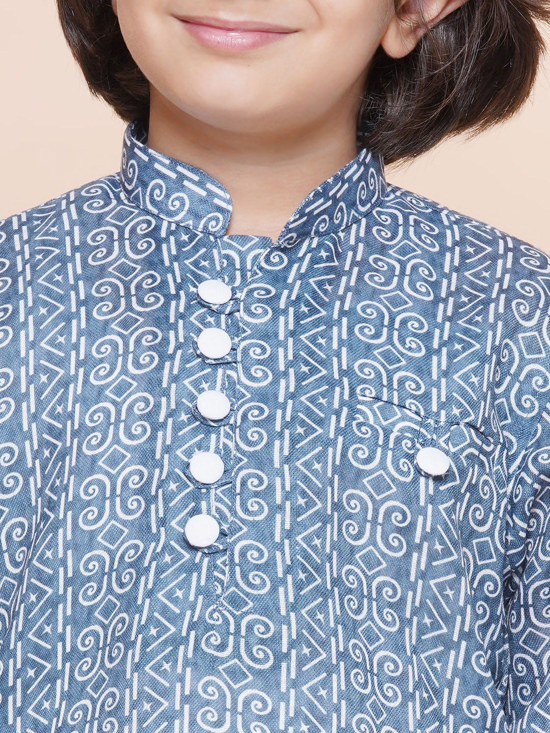 Kids Boys Blue Printed Cotton Kurta Pyjama Set