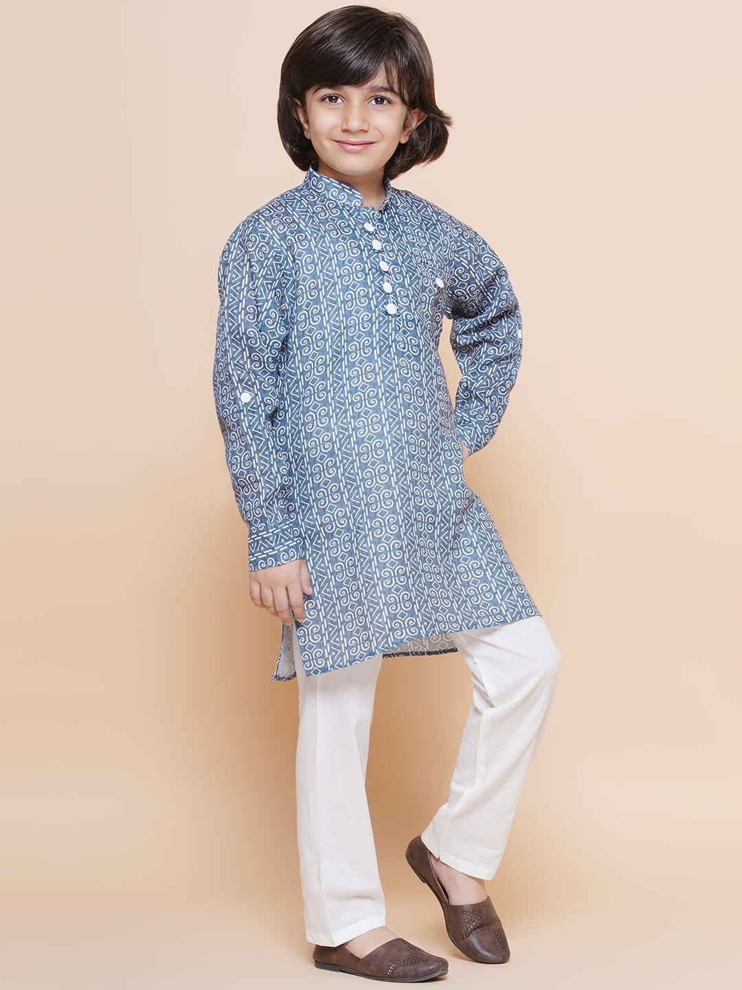 Kids Boys Blue Printed Cotton Kurta Pyjama Set