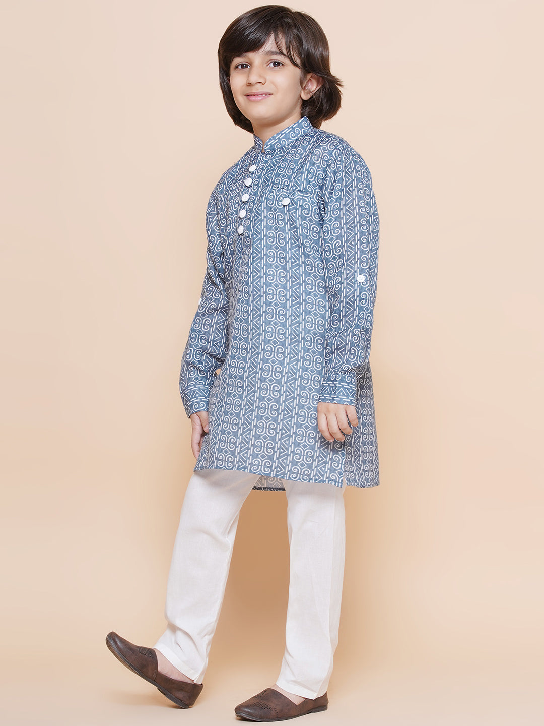 Kids Boys Blue Printed Cotton Kurta Pyjama Set - AJ Dezines