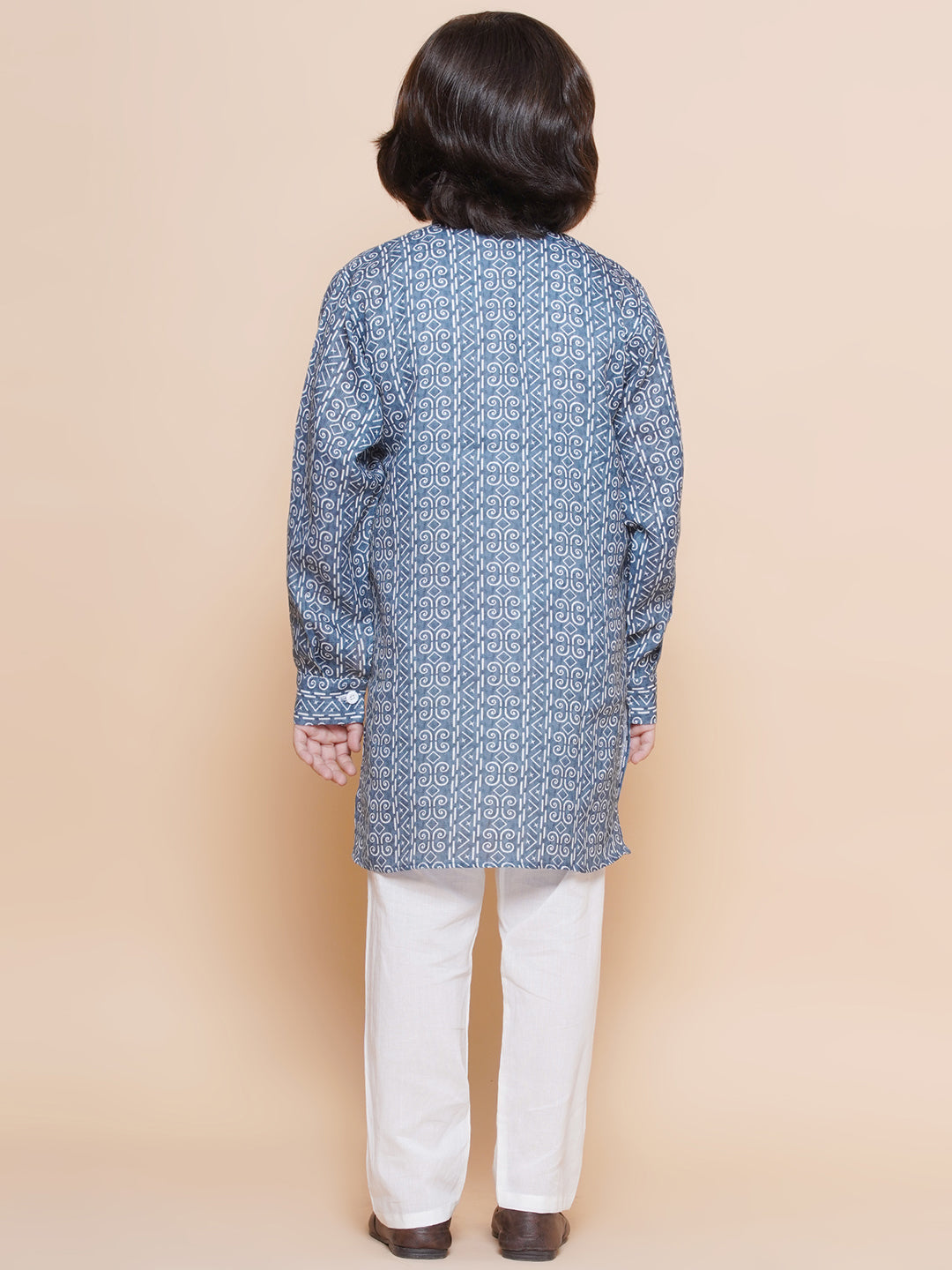 Kids Boys Blue Printed Cotton Kurta Pyjama Set - AJ Dezines