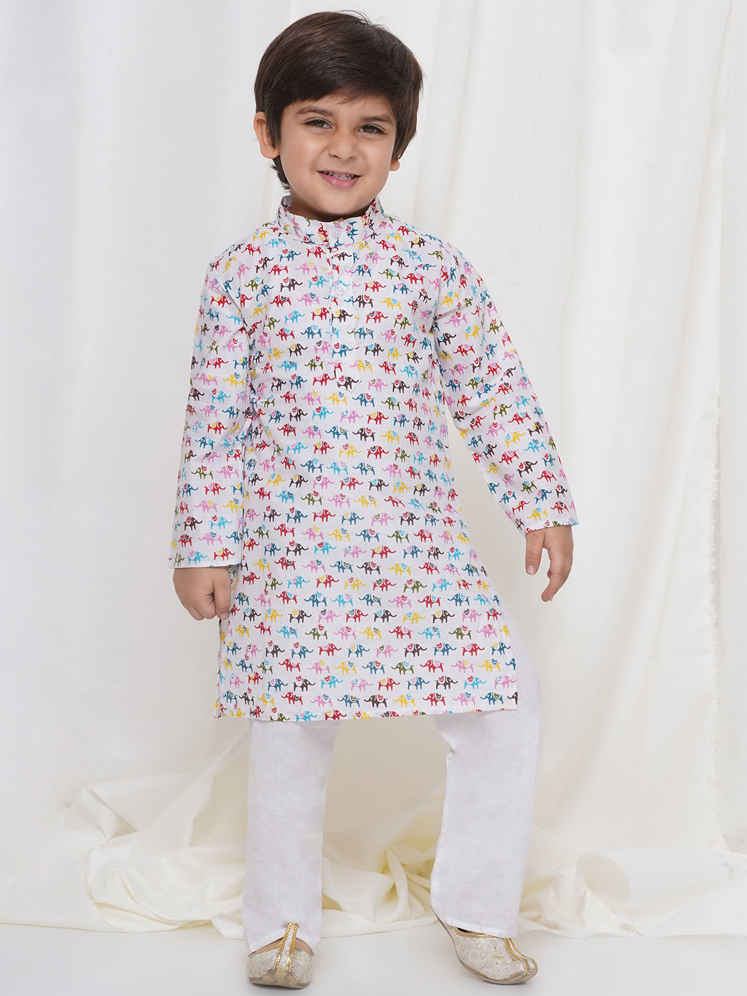 Kids Boys Cream Animal Print Cotton Kurta Pyjama Set