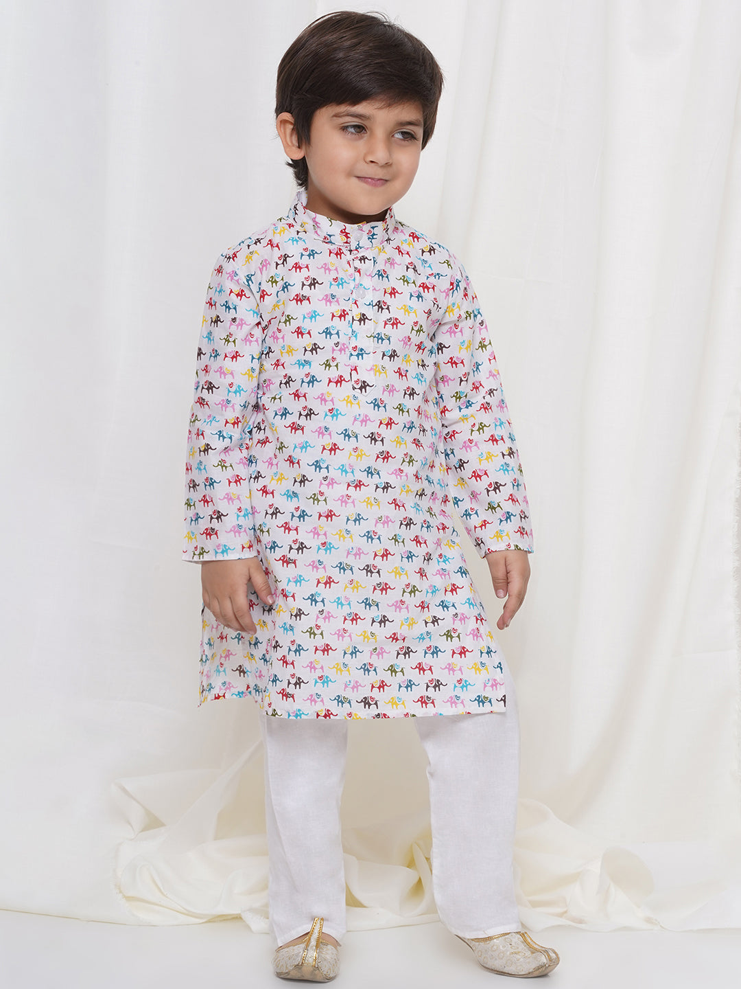 Kids Boys Cream Animal Print Cotton Kurta Pyjama Set