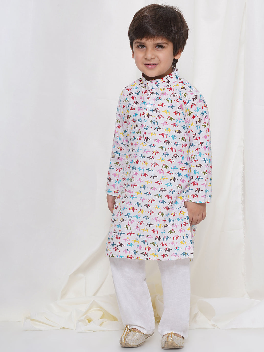 Kids Boys Cream Animal Print Cotton Kurta Pyjama Set