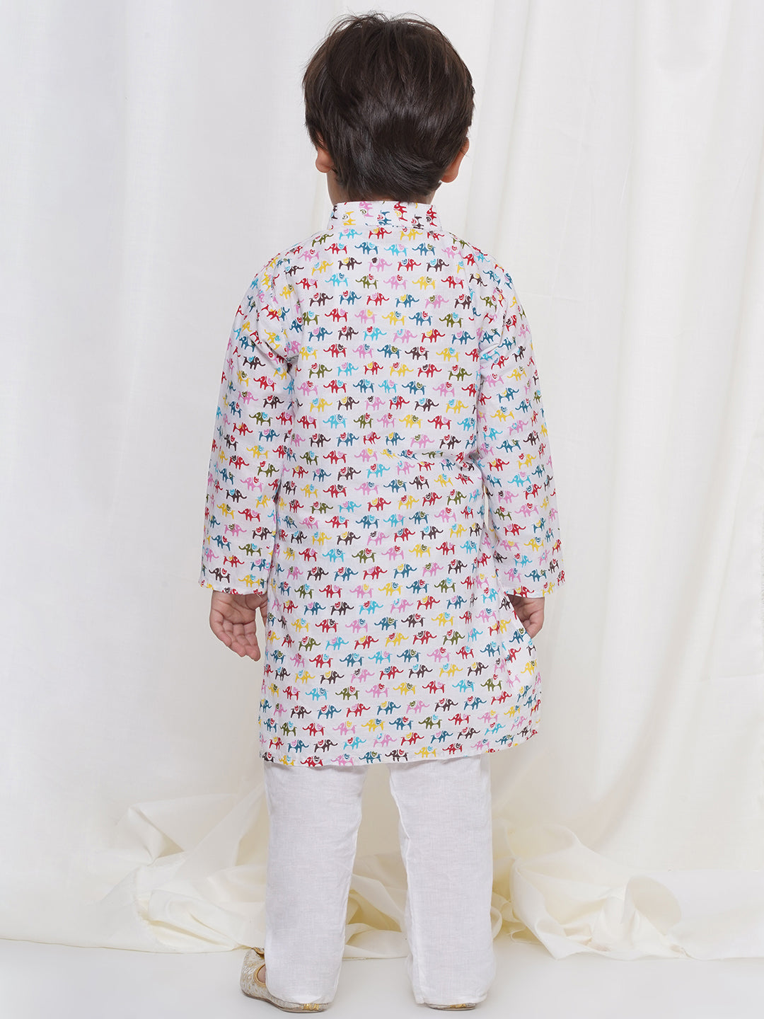 Kids Boys Cream Animal Print Cotton Kurta Pyjama Set - AJ Dezines