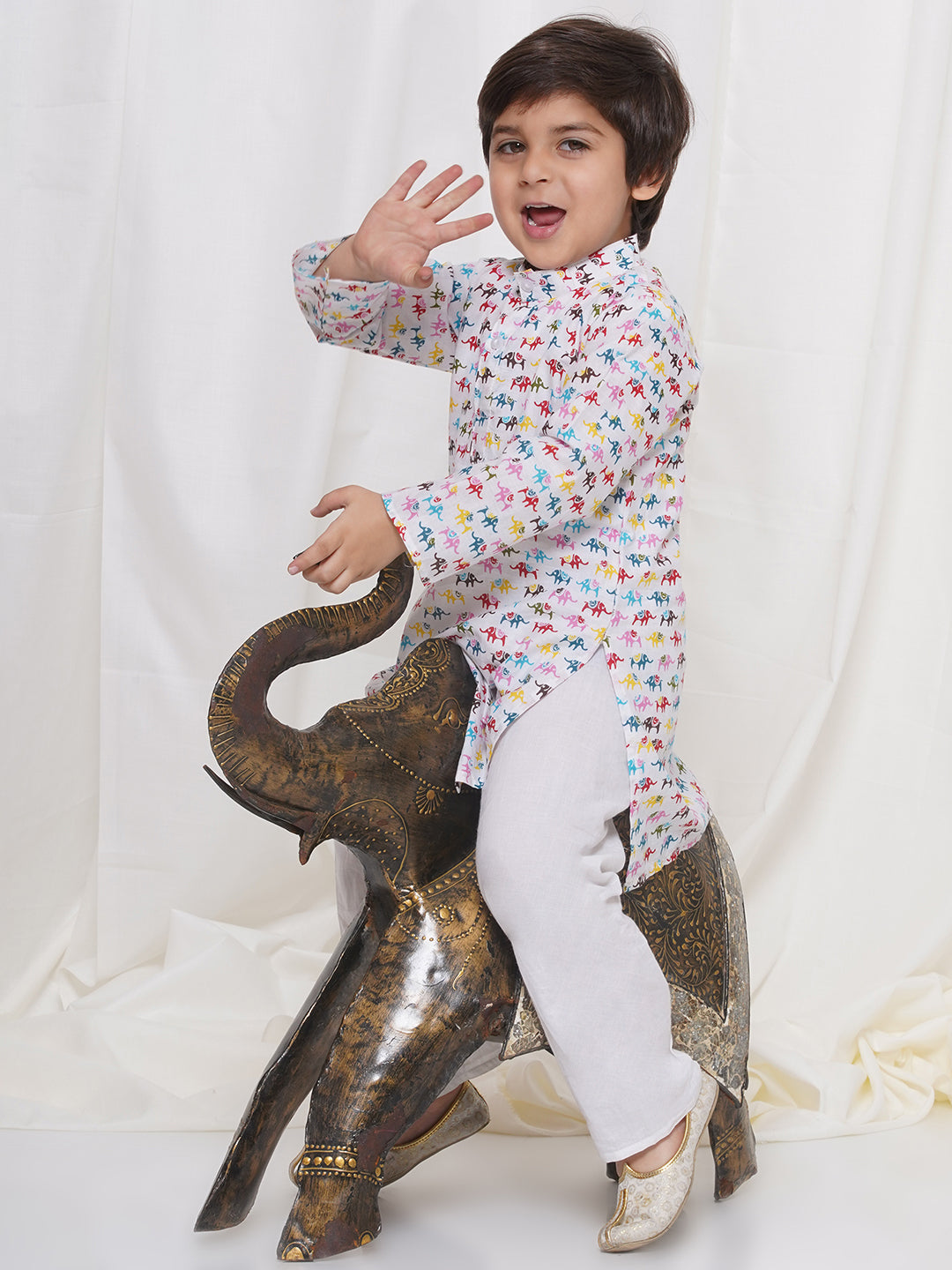 Kids Boys Cream Animal Print Cotton Kurta Pyjama Set - AJ Dezines