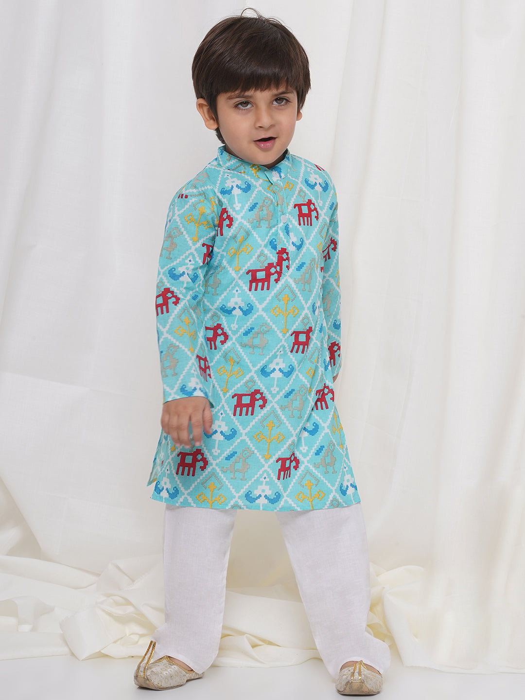 Kids Boys Firozi Animal Print Cotton Kurta Pyjama Set