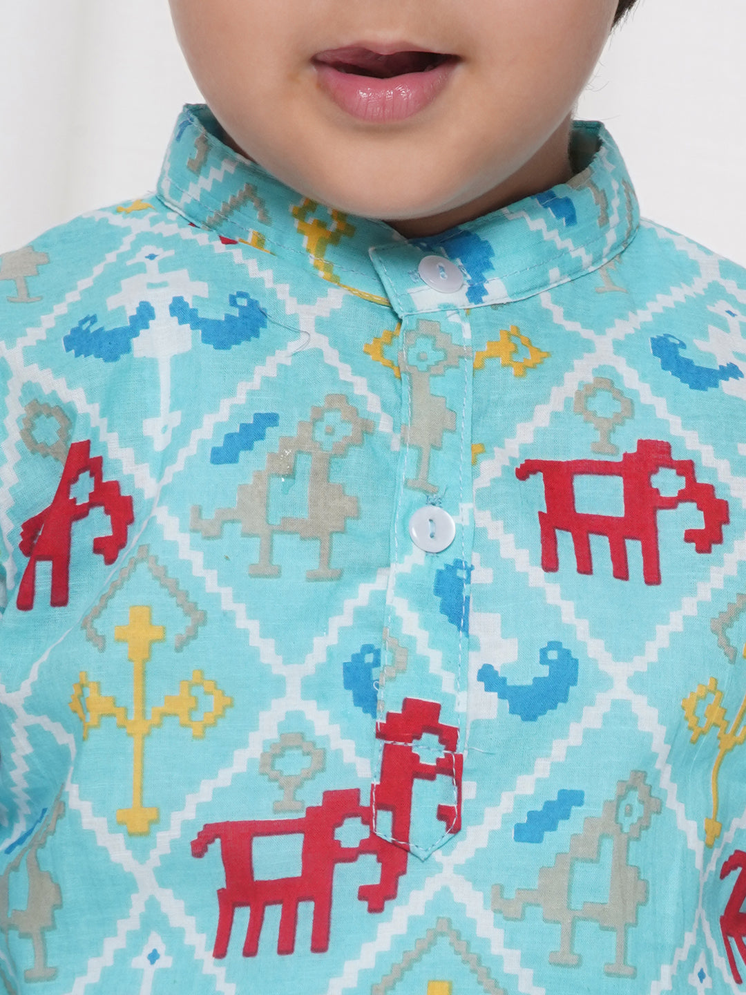 Kids Boys Firozi Animal Print Cotton Kurta Pyjama Set