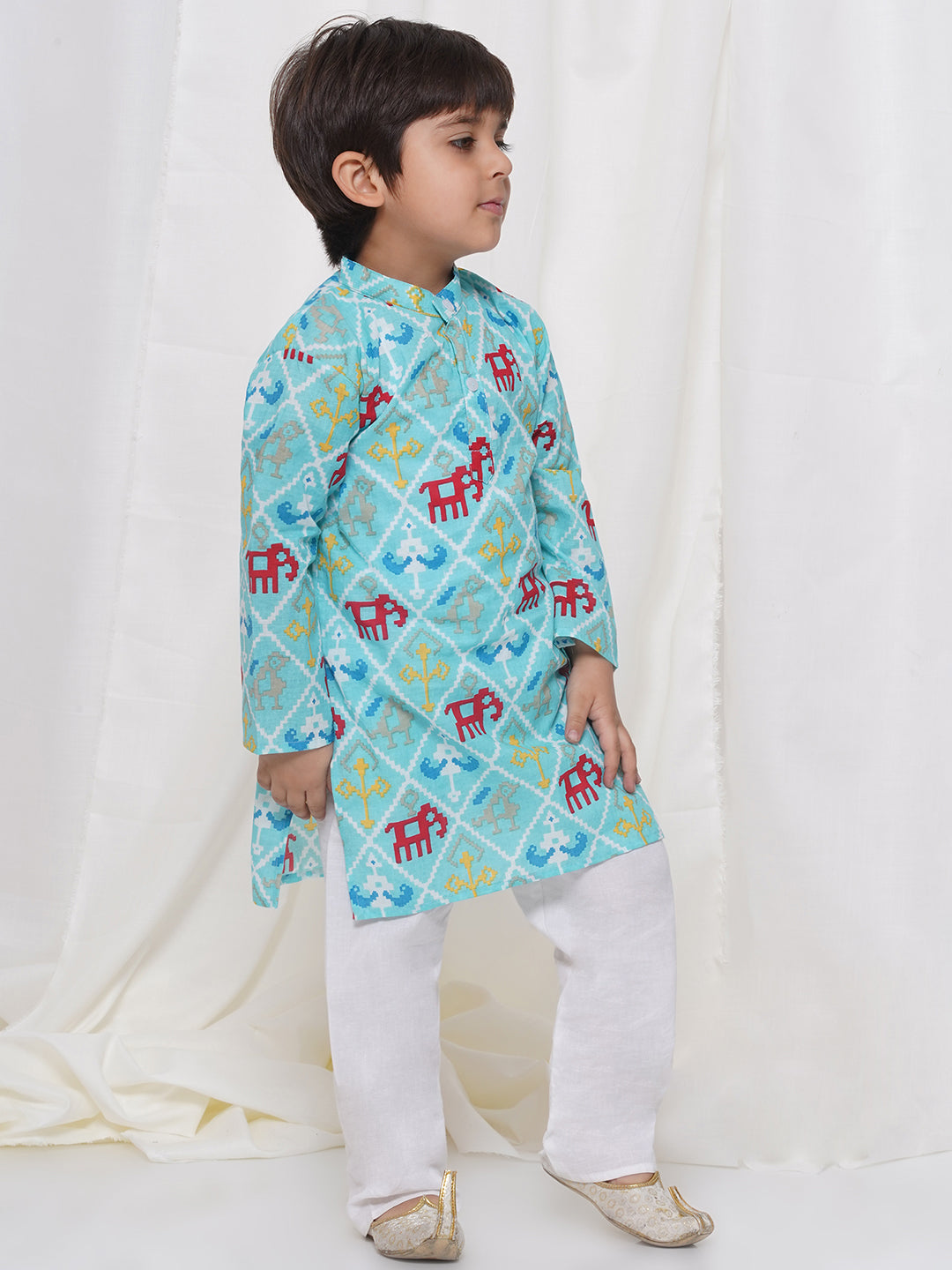 Kids Boys Firozi Animal Print Cotton Kurta Pyjama Set