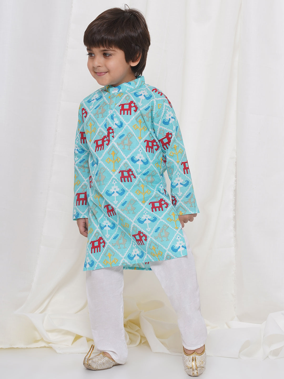 Kids Boys Firozi Animal Print Cotton Kurta Pyjama Set