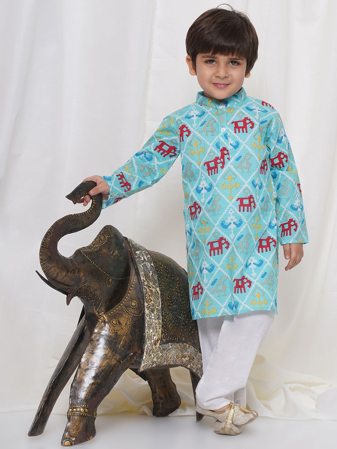 Kids Boys Firozi Animal Print Cotton Kurta Pyjama Set