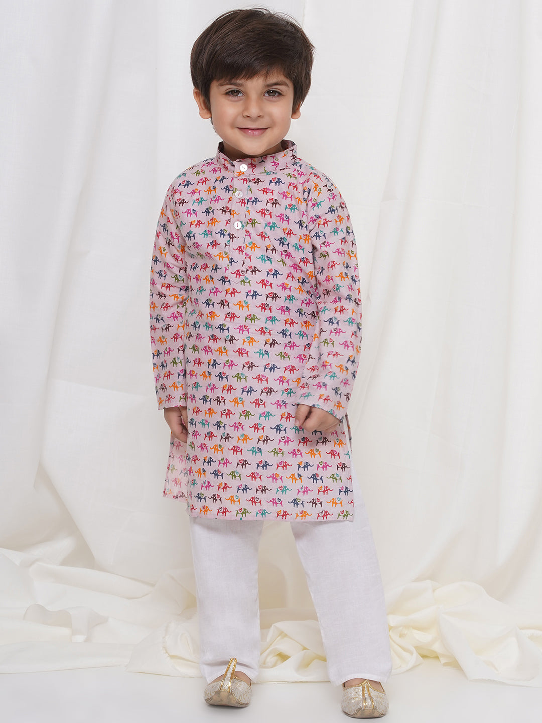 Kids Boys Pink Animal Print Cotton Kurta Pyjama Set