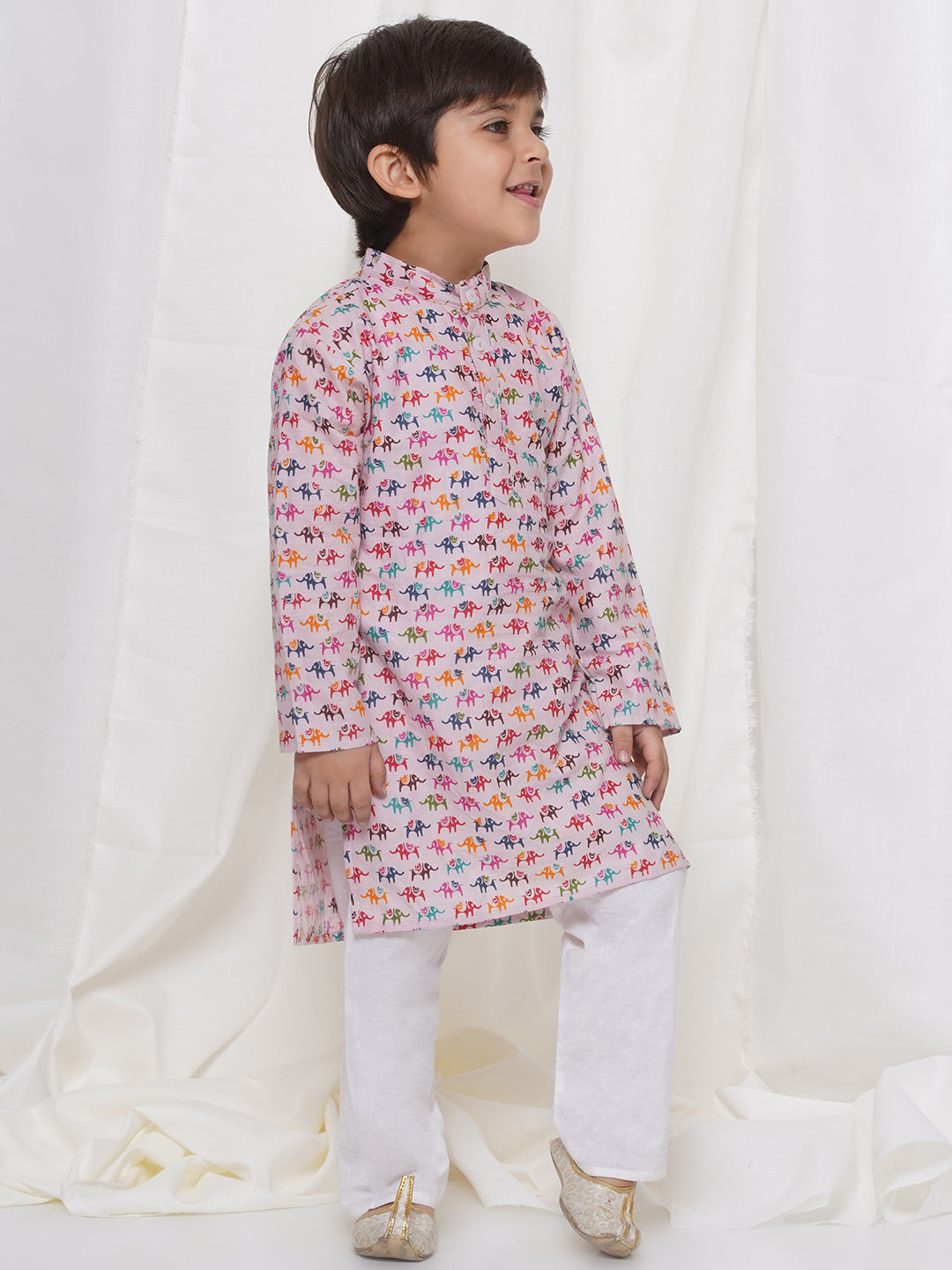 Kids Boys Pink Animal Print Cotton Kurta Pyjama Set