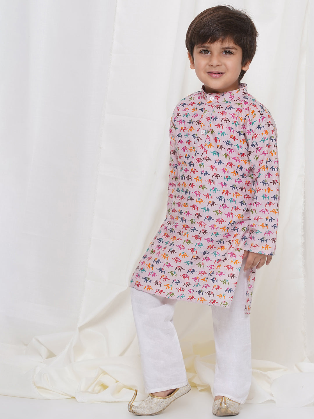 Kids Boys Pink Animal Print Cotton Kurta Pyjama Set