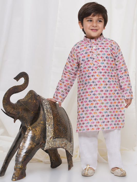 Kids Boys Pink Animal Print Cotton Kurta Pyjama Set