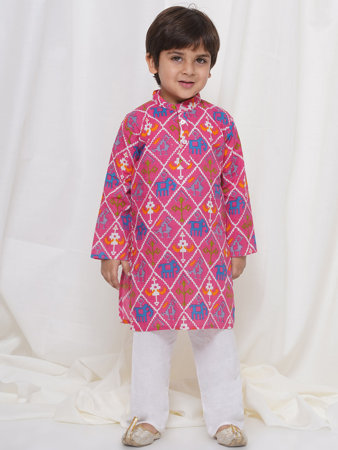 Kids Boys Pink Animal Print Cotton Kurta Pyjama Set