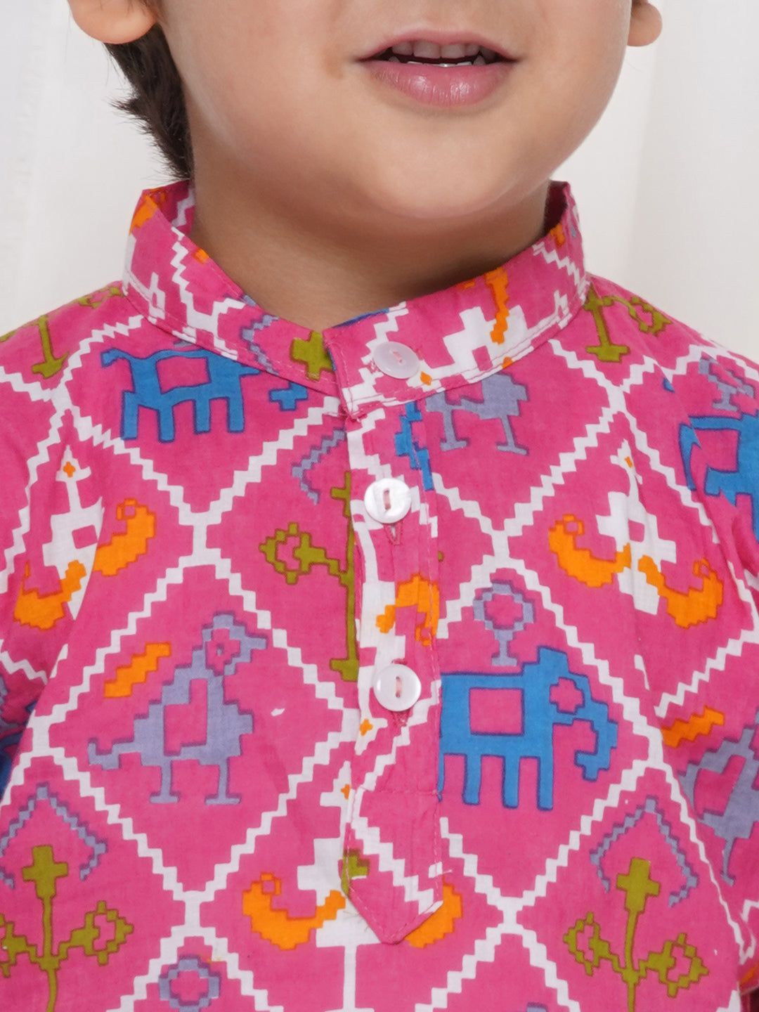 Kids Boys Pink Animal Print Cotton Kurta Pyjama Set