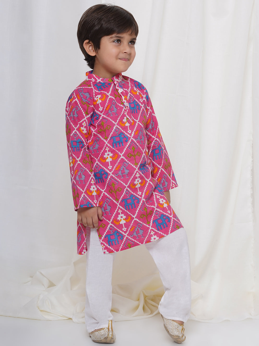 Kids Boys Pink Animal Print Cotton Kurta Pyjama Set