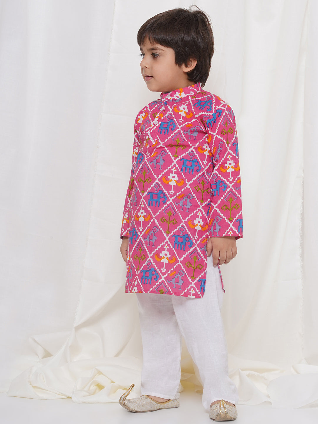 Kids Boys Pink Animal Print Cotton Kurta Pyjama Set